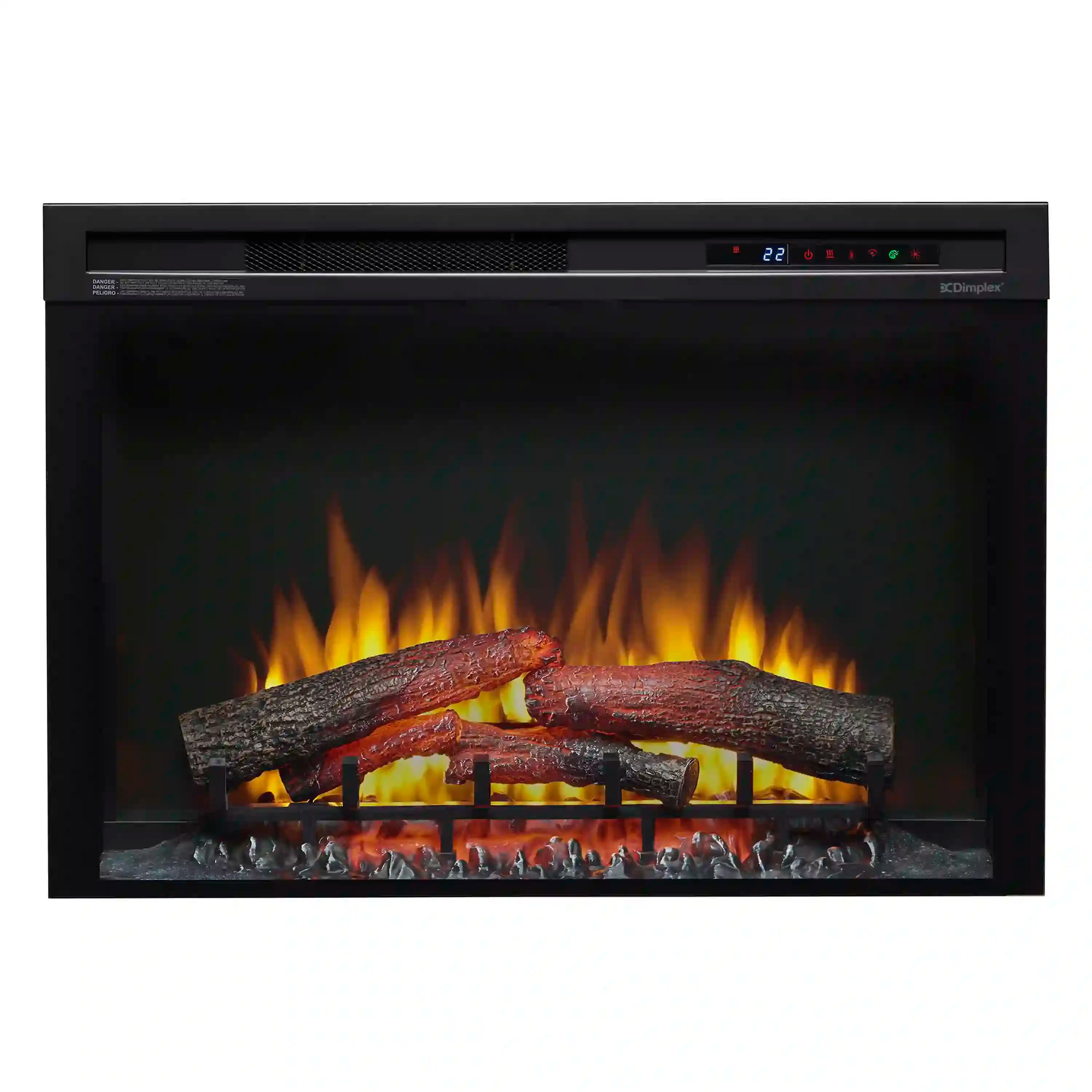 Black electric firebox with glowing log set and flame effect behind a glass front