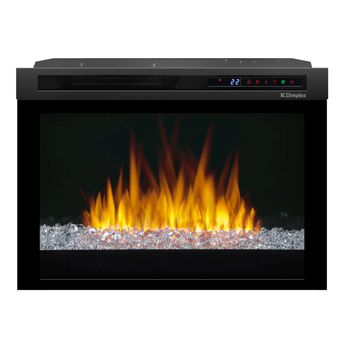 Black electric firebox with acrylic ember bed and bright flame effect, front view