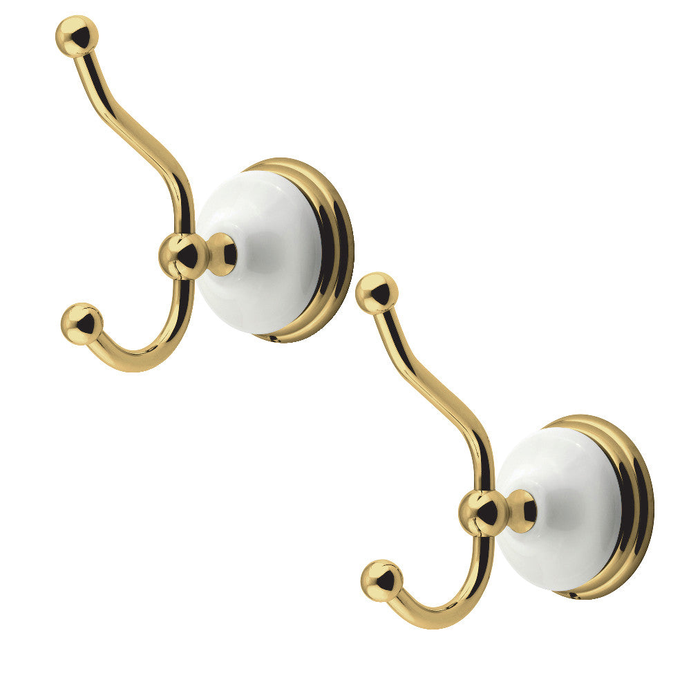 Victorian polished brass robe hook set with two curved hooks and round backplates