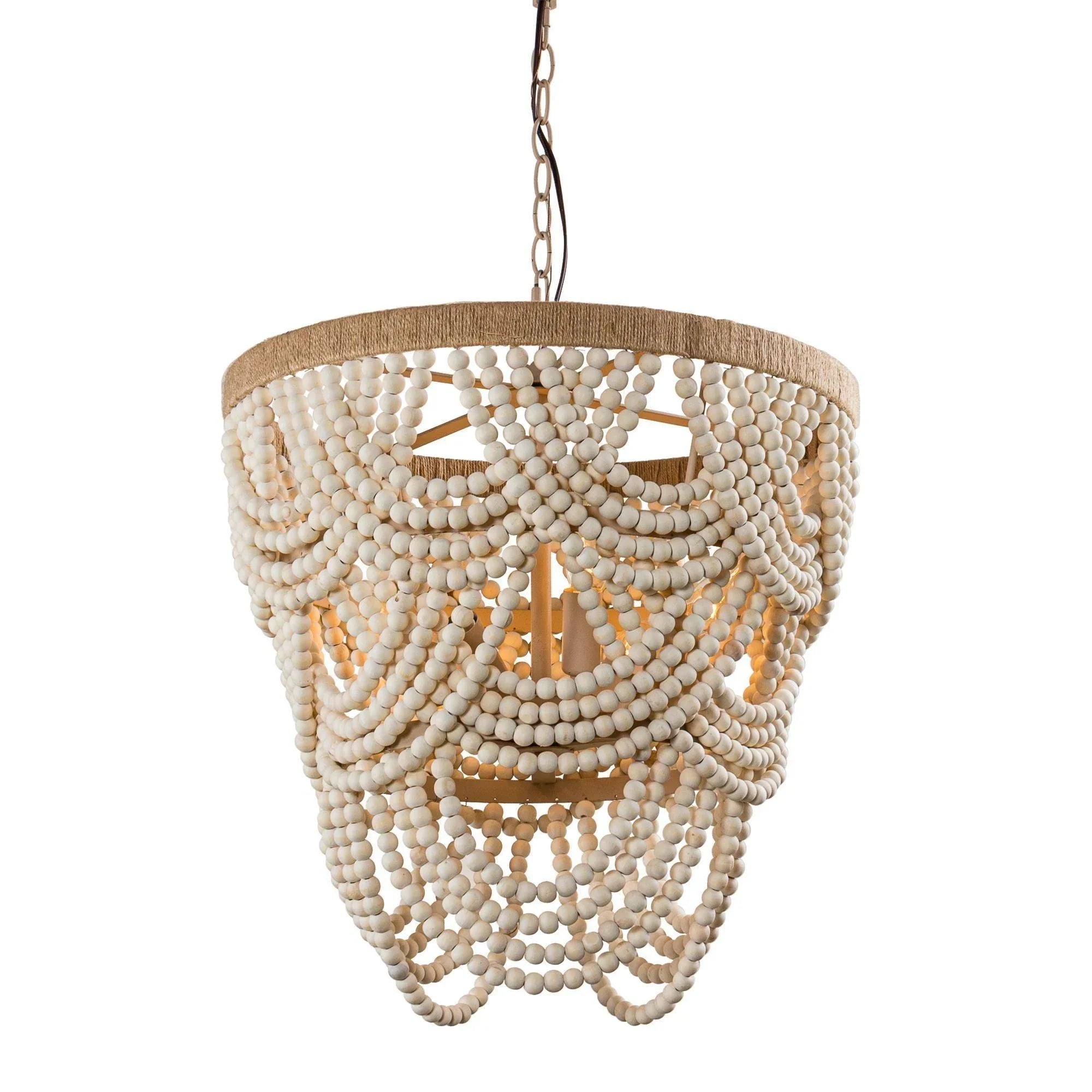 White and beige beaded bohemia chandelier with metal chain and hanging bead fringe