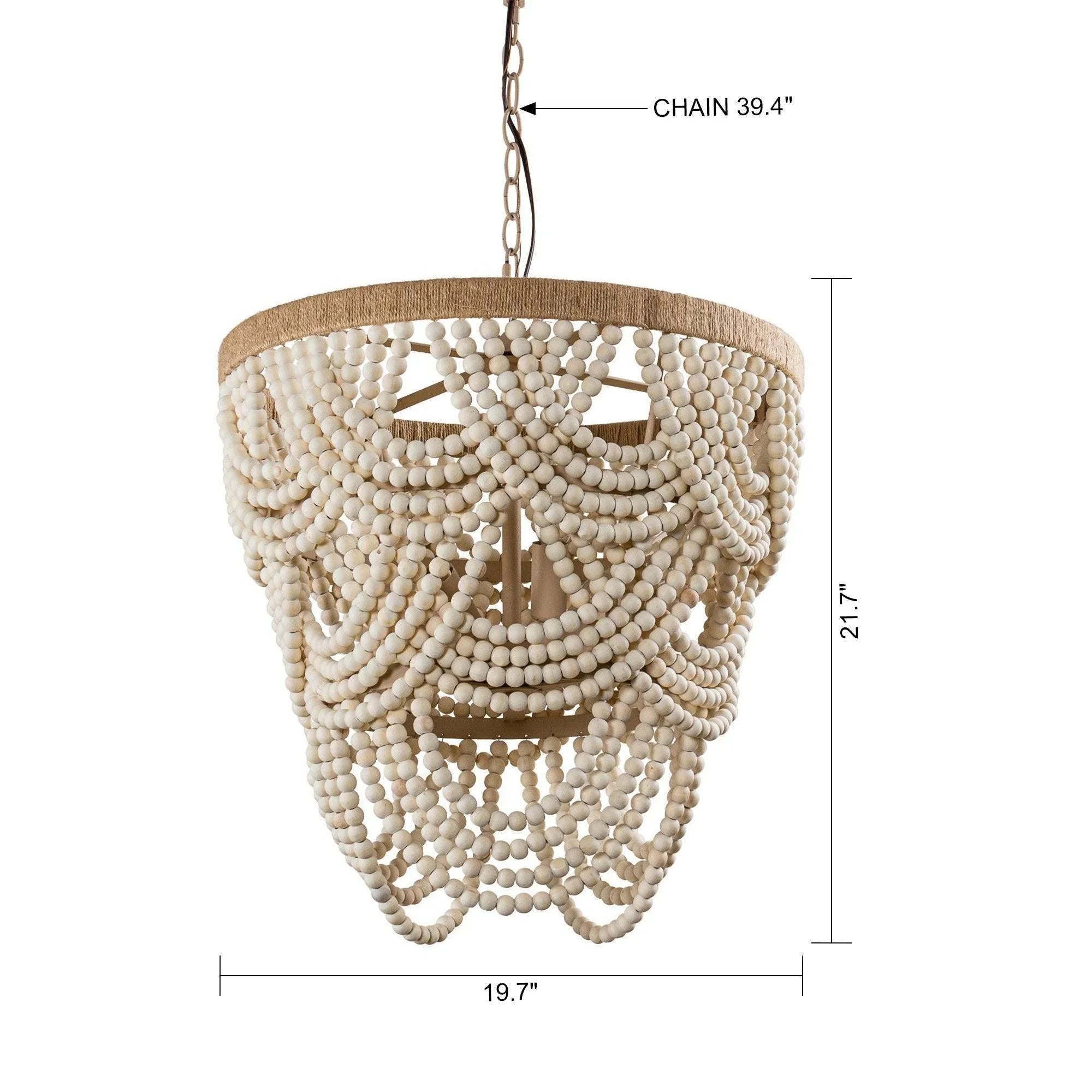 White beaded chandelier with chain and beige rim; size diagram with height markers