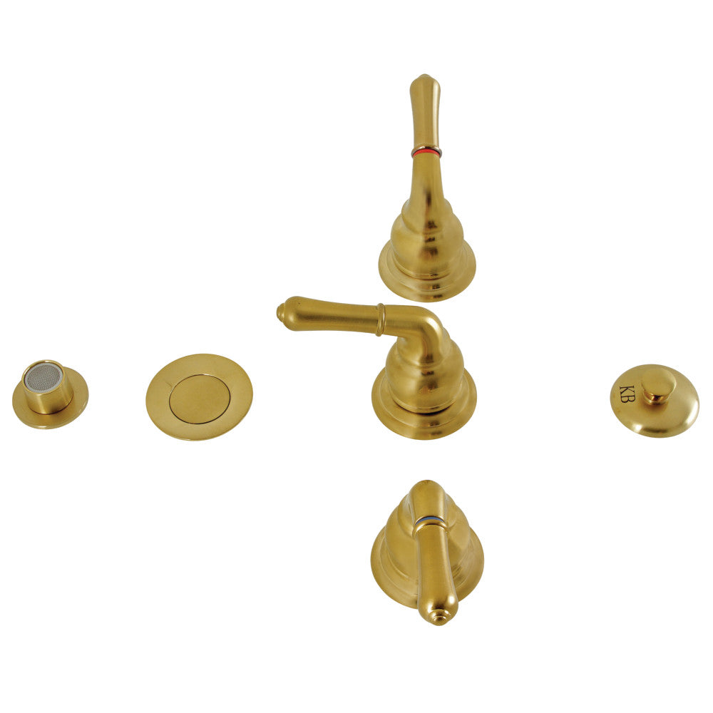 Brushed brass three-handle bidet faucet with brass pop-up and matching escutcheons