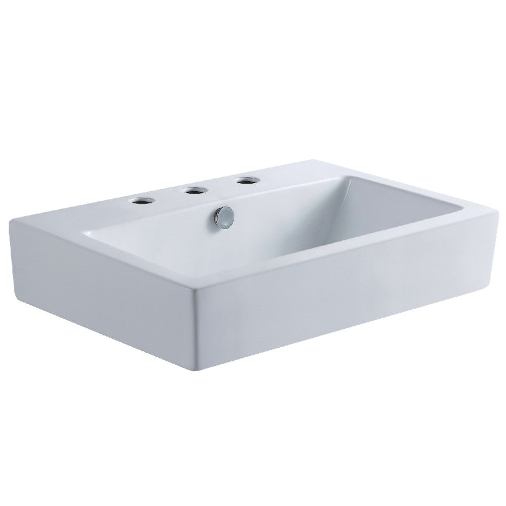White ceramic rectangular semi-recessed vessel sink with single faucet hole