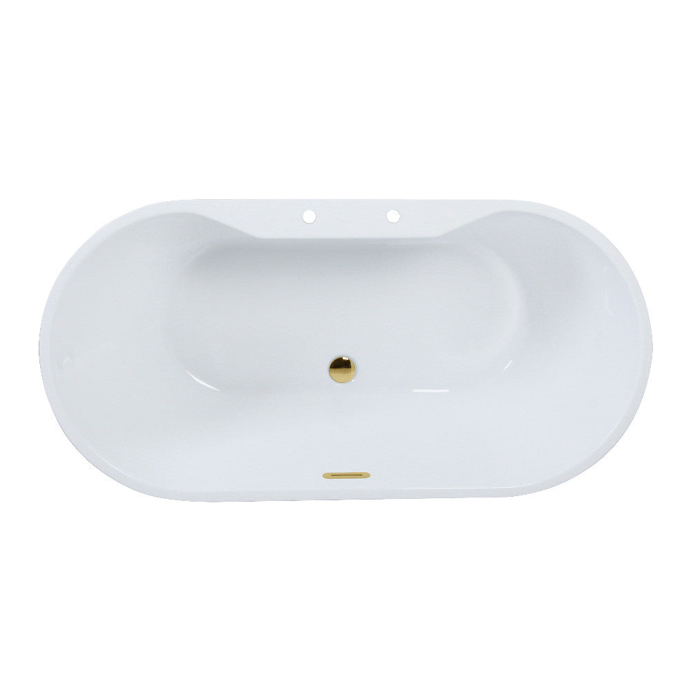 Glossy white acrylic oval freestanding tub with brass drain and overflow openings