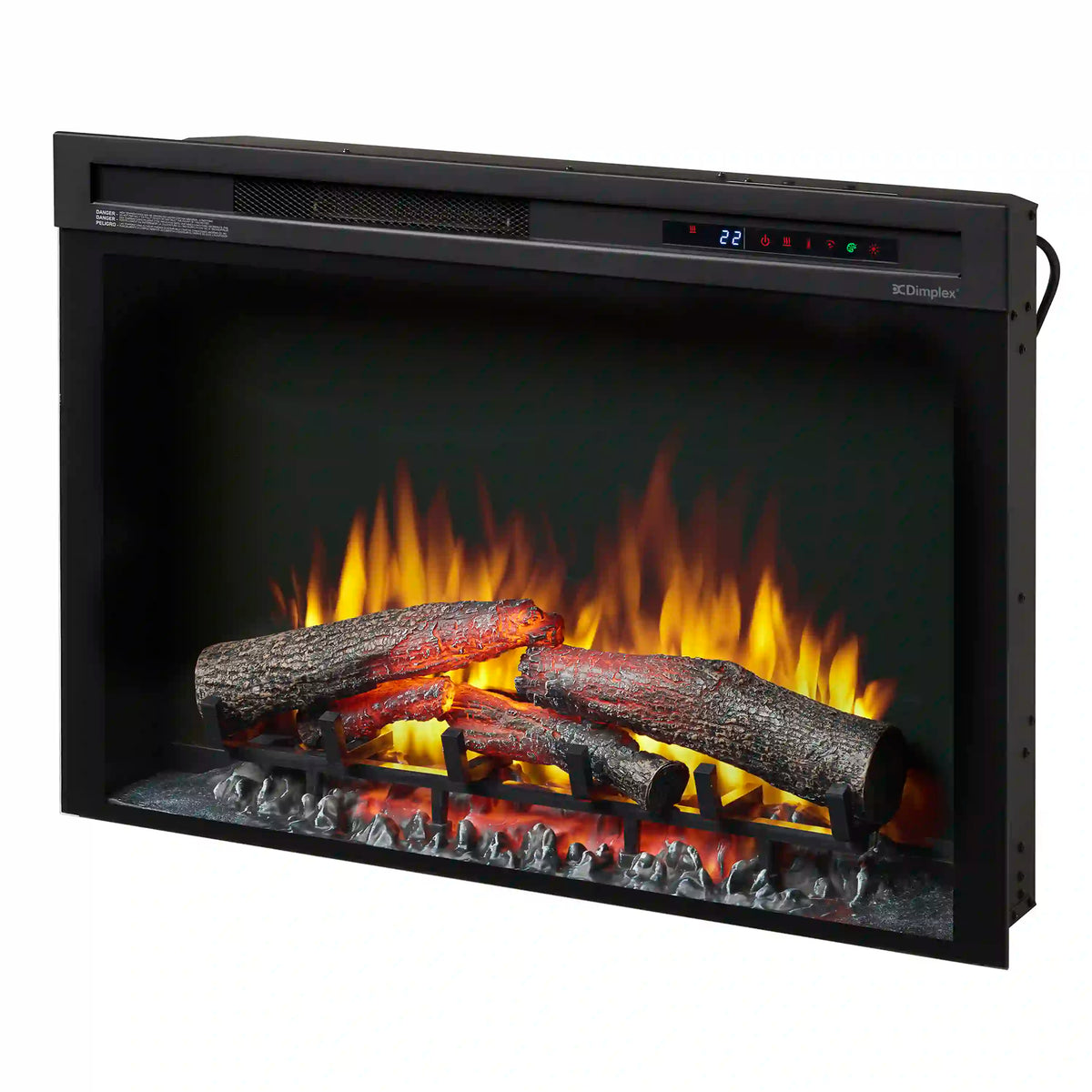 Black electric firebox with log set and ember base, flames visible through the glass