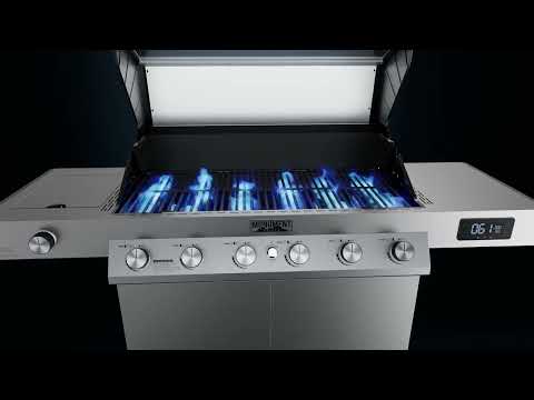 Gas grill interior with blue flames burning under the open hood