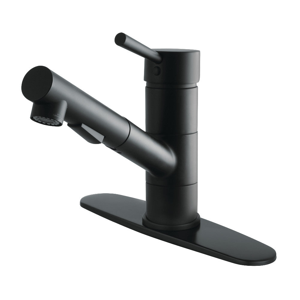 Matte black single-handle pull-out kitchen faucet with curved gooseneck spout