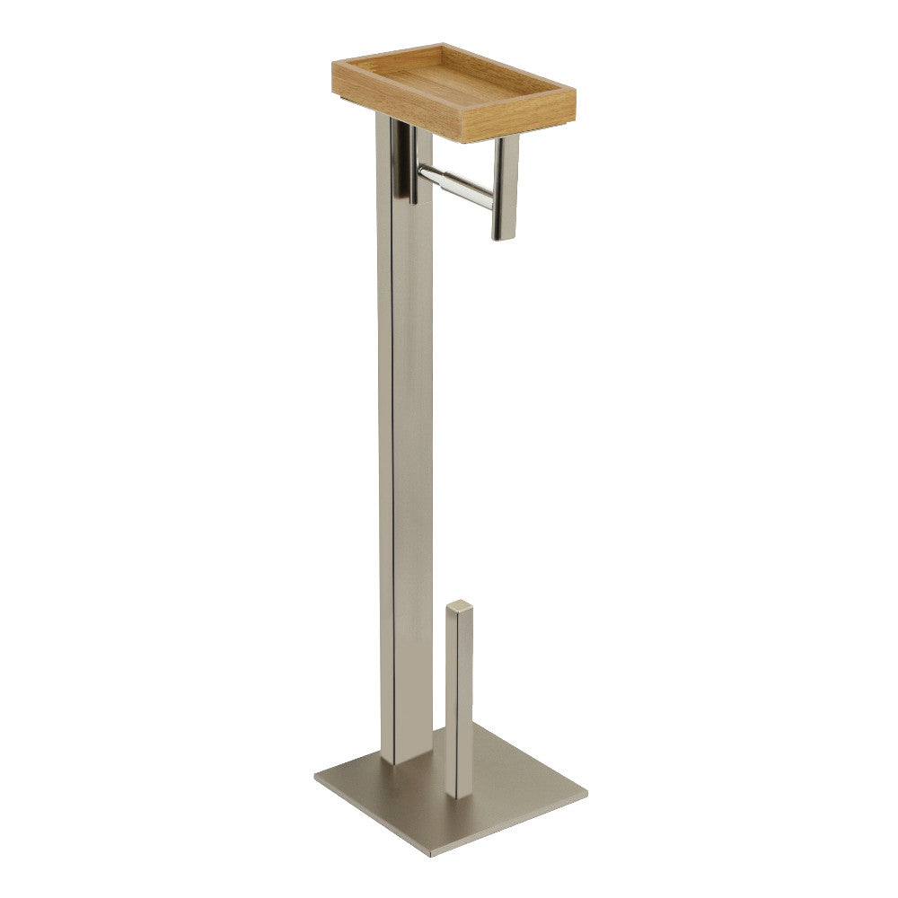 Freestanding toilet paper holder with shelf, brushed nickel stand and light wood tray