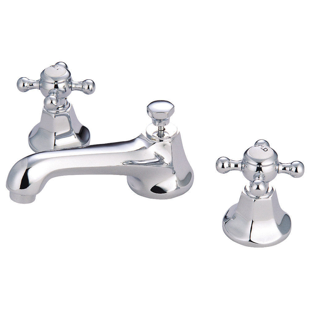 Polished chrome widespread bathroom faucet with lever handles and pop-up drain