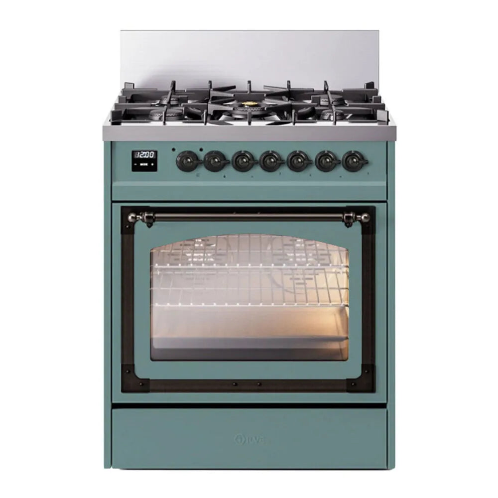 ILVE Nostalgie II Noblesse 30-Inch Propane Gas Dual Fuel Range with Triple Glass Door in Mediterranean Mint with Burnished Bronze Trim (UN30NMPMMBLP)