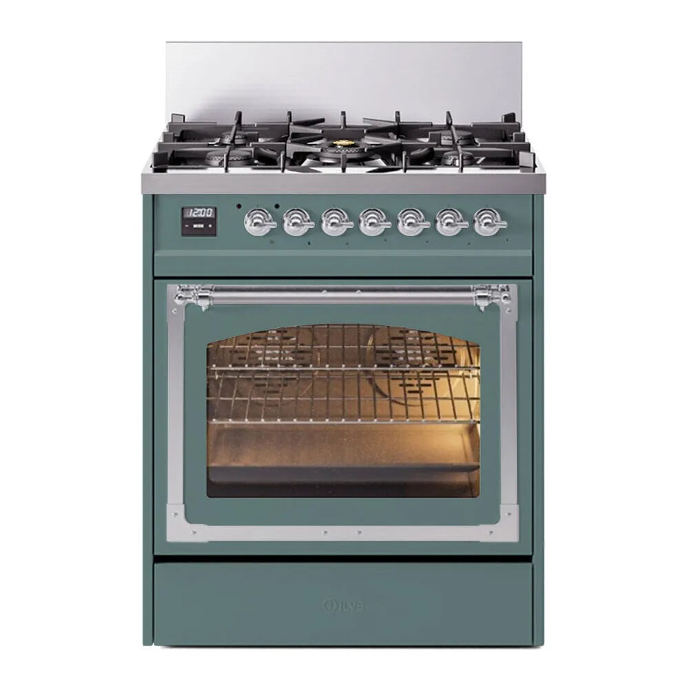 ILVE Nostalgie II Noblesse 30-Inch Natural Gas Dual Fuel Range with Triple Glass Door in Mediterranean Mint with Chrome Trim (UN30NMPMMC)