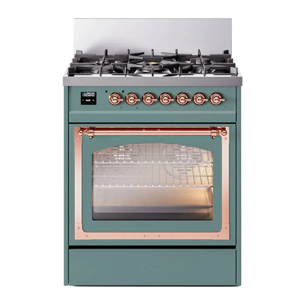 ILVE Nostalgie II Noblesse 30-Inch Natural Gas Dual Fuel Range with Triple Glass Door in Mediterranean Mint with Copper Trim (UN30NMPMMP)