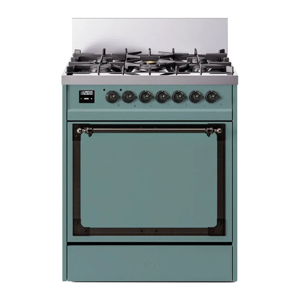 ILVE Nostalgie II Noblesse 30-Inch Natural Gas Dual Fuel Range with Solid Door in Mediterranean Mint with Burnished Bronze Trim (UN30QNMPMMB)