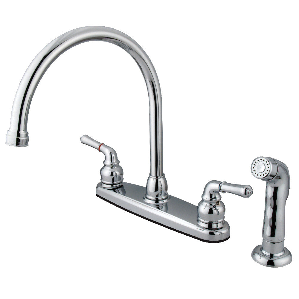 Polished chrome centerset kitchen faucet with double handles and side sprayer
