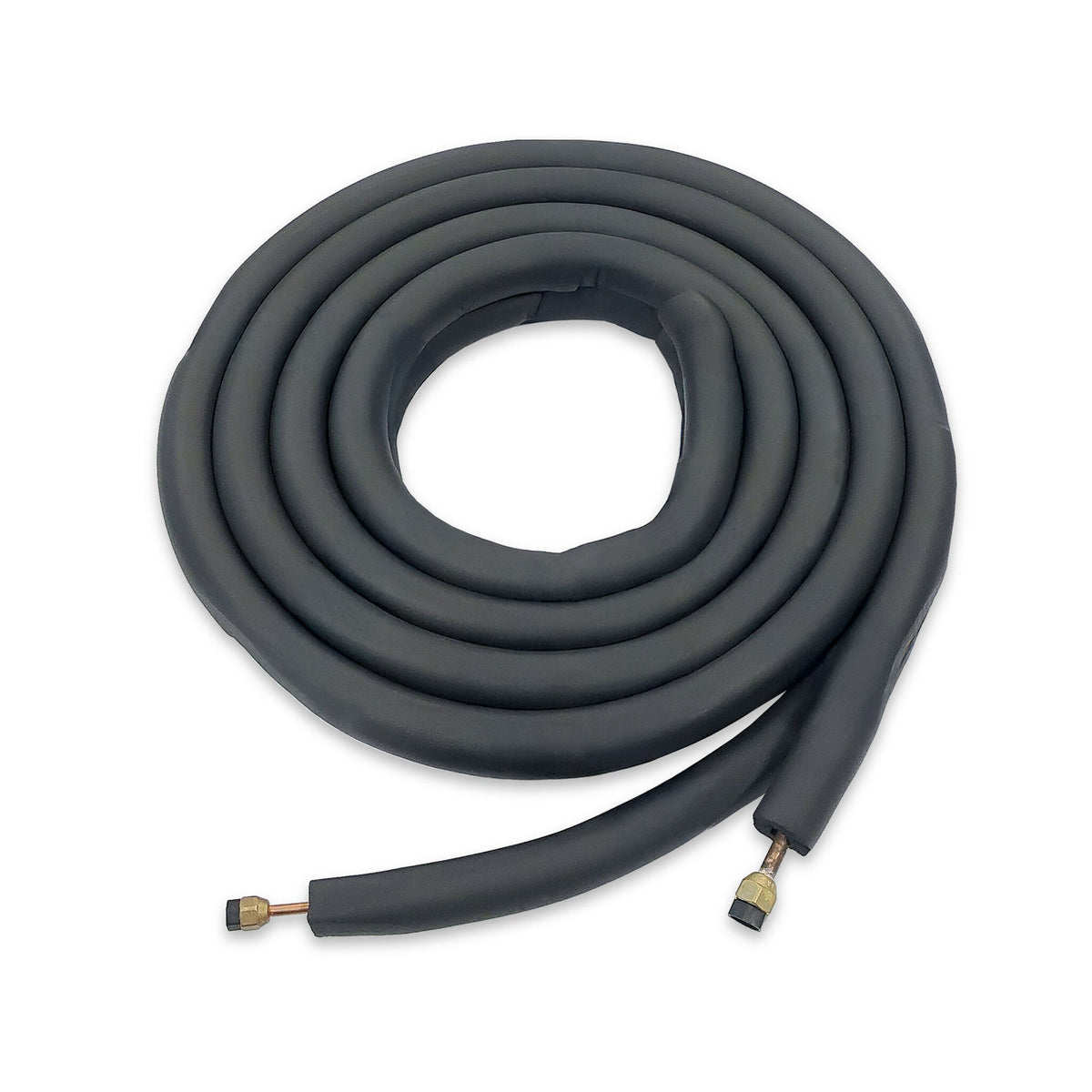 Flexible mini-split line set: coiled dark tubing with two end fittings