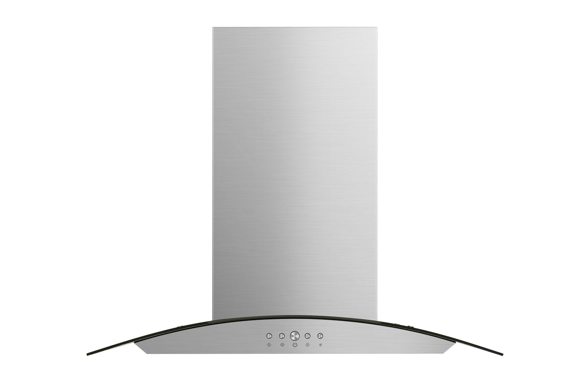 Stainless steel island range hood with tall chimney and curved front canopy
