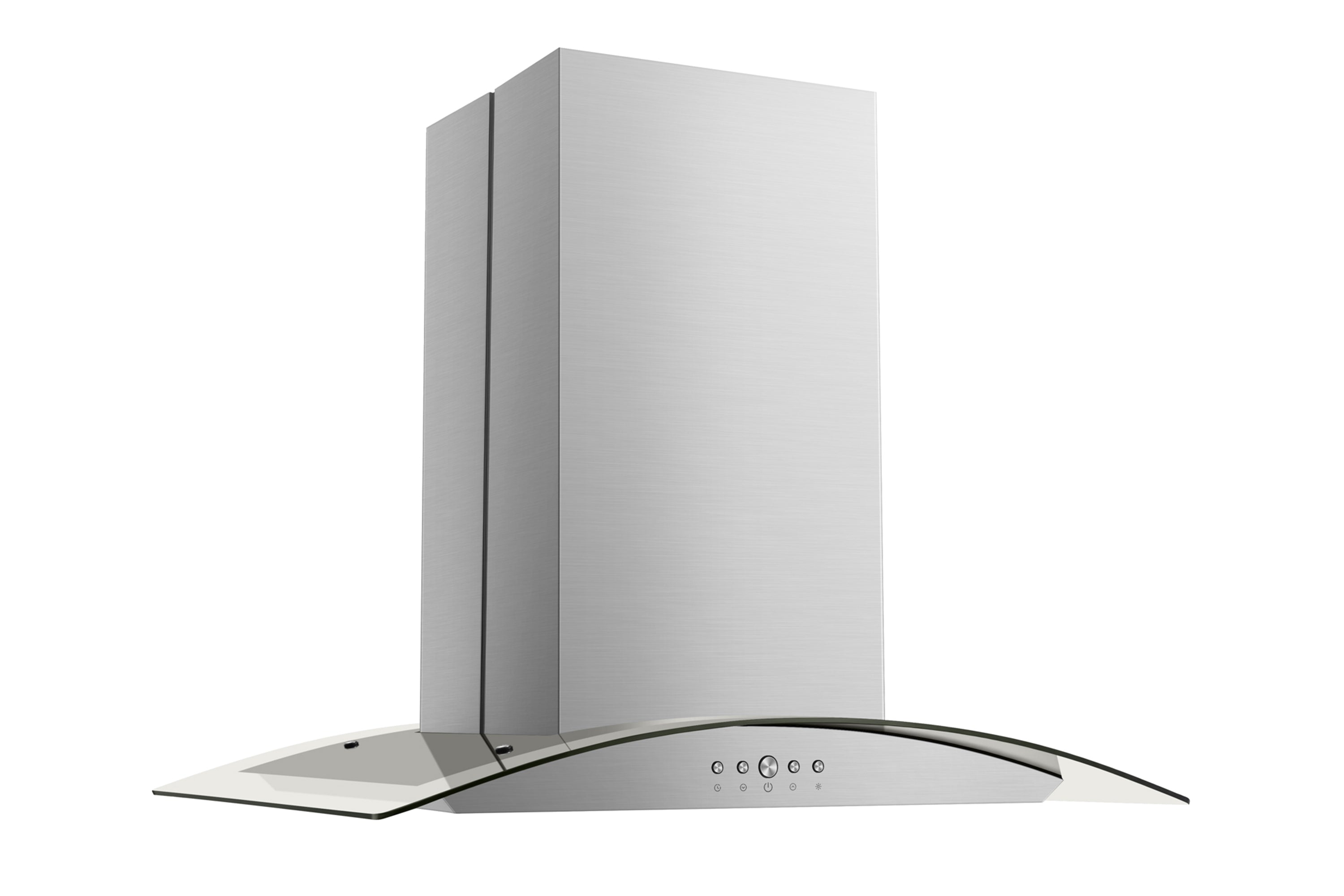 Stainless steel convertible island range hood with tall chimney and curved canopy