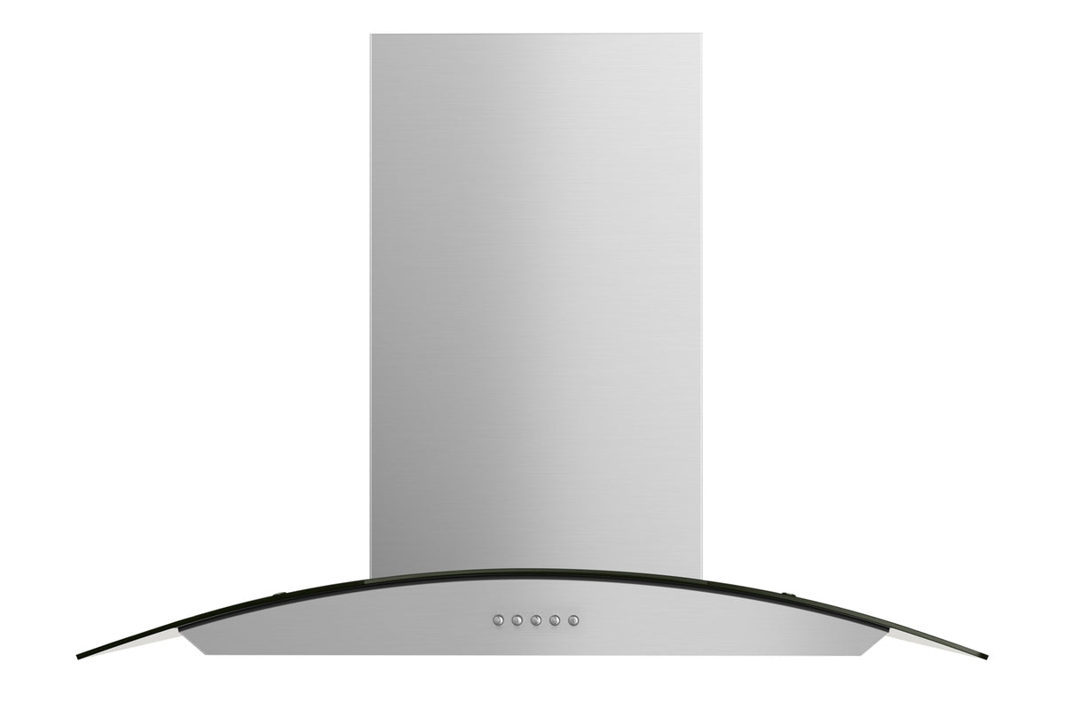 Stainless steel wall mount range hood with curved tempered glass canopy