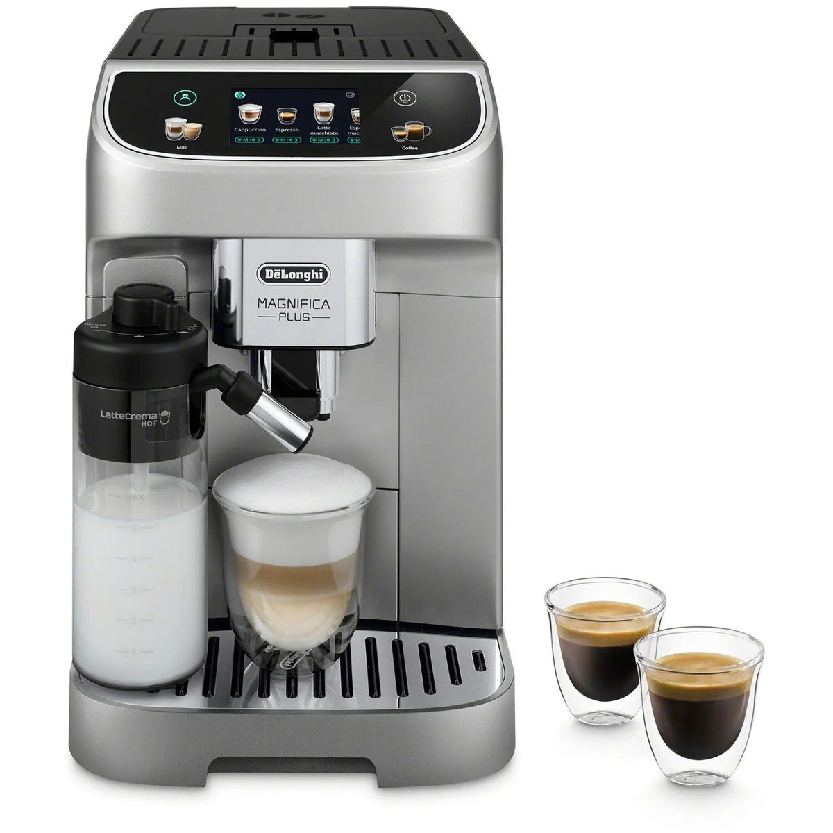Silver fully automatic espresso machine with top control panel and frothing spout, two cups