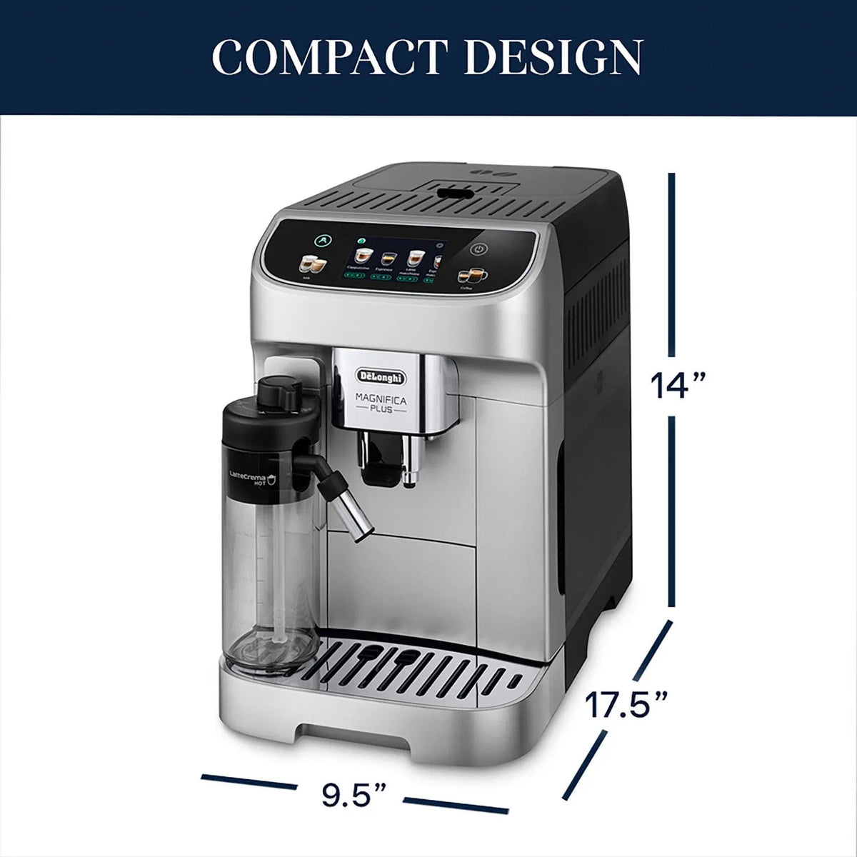 Compact fully automatic espresso machine, silver and black, with grinder and front spout view