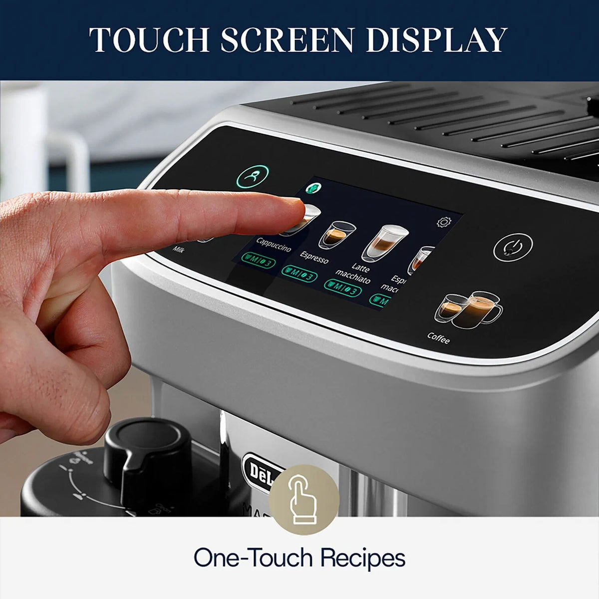 Fully automatic espresso machine with touch screen display and button icons