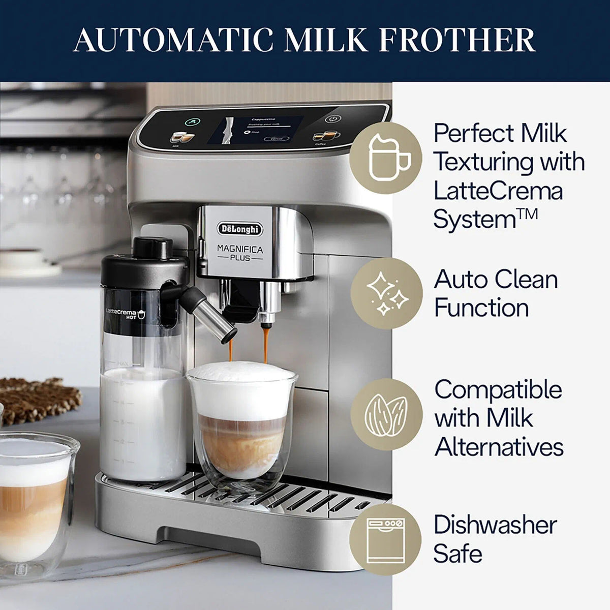 Automatic milk frother attachment with carafe under the spout on the espresso machine