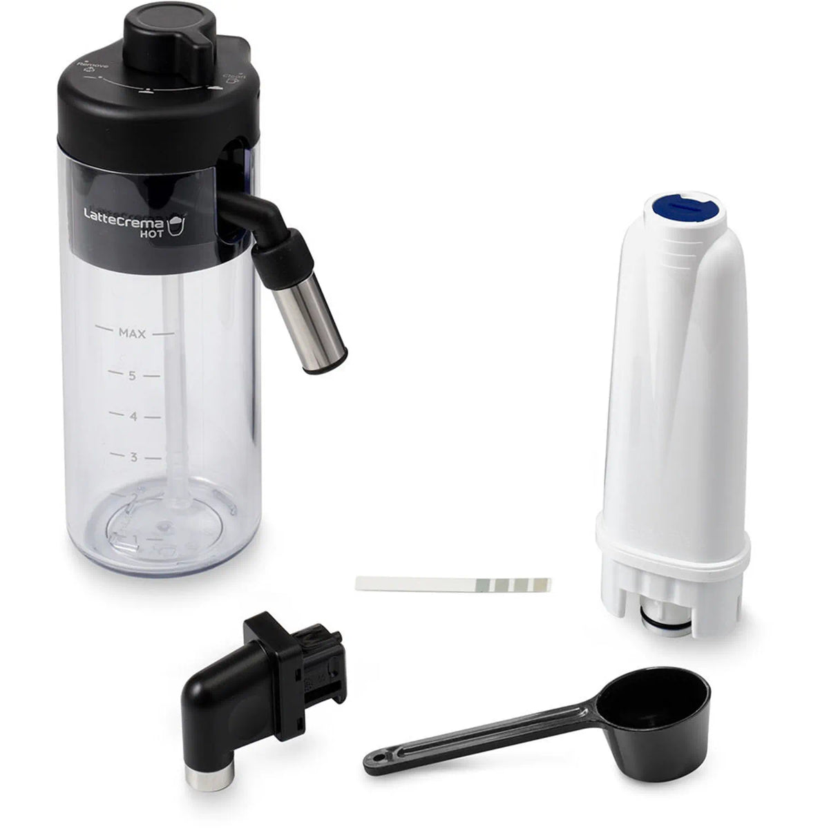 Milk frother parts set: frothing container, tube, and dispensing accessories