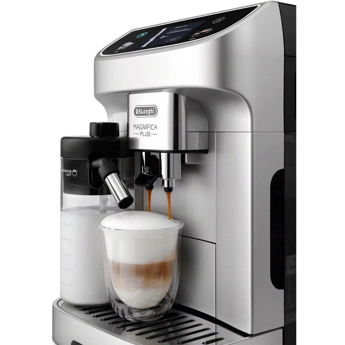 Fully automatic espresso machine dispensing milk into a cup under the spout