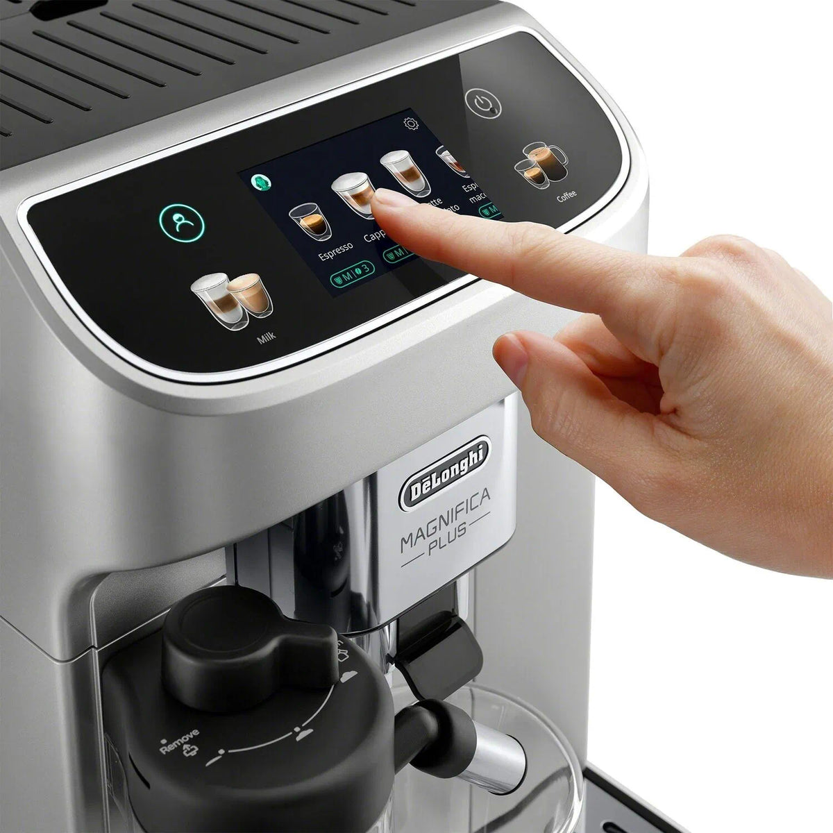 Hand tapping the espresso machine touch screen to select a drink