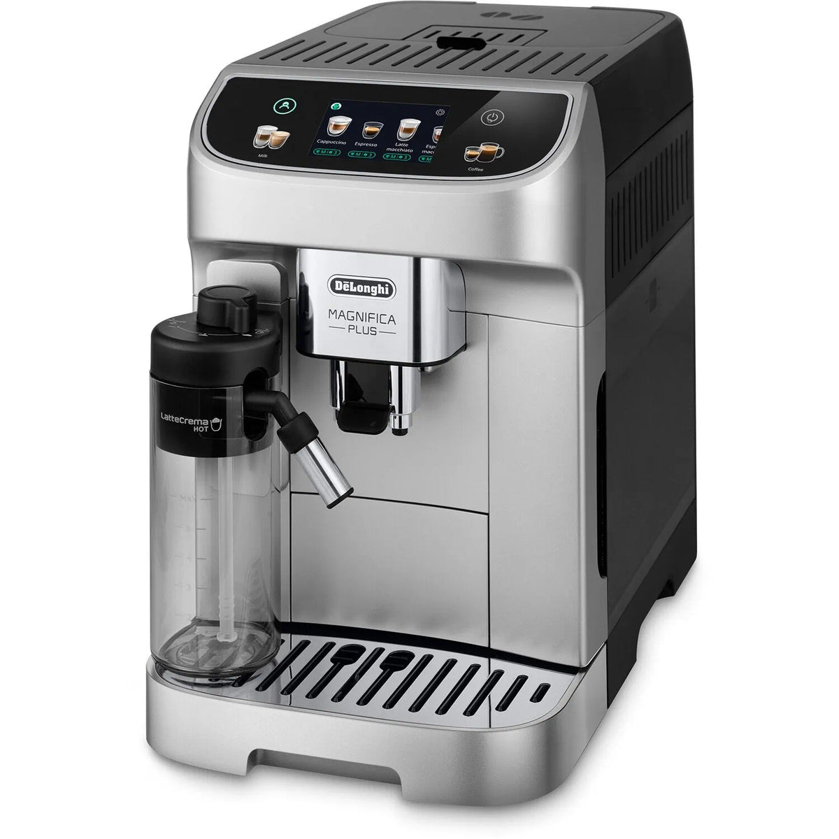 Fully automatic espresso machine in silver and black, with front dispensing spout and drip tray