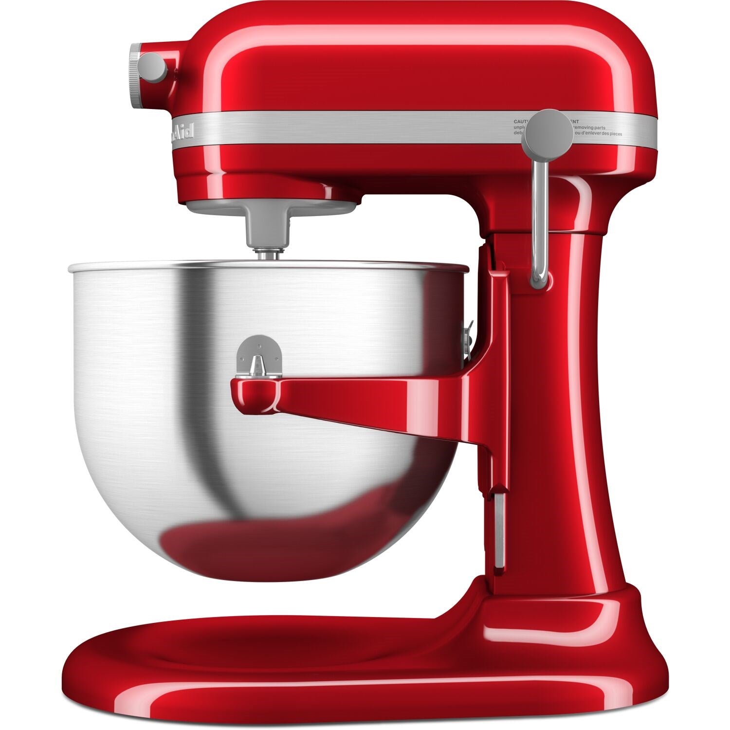 Red stand mixer with stainless mixing bowl and front mixing paddle