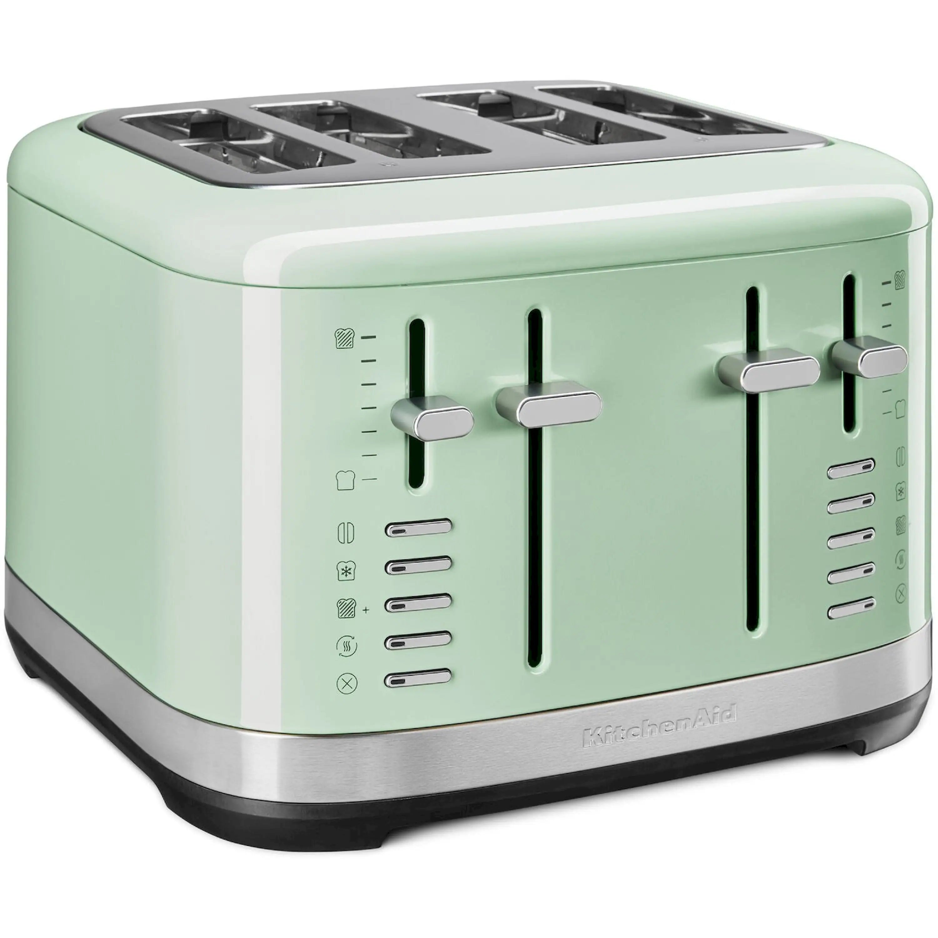 Pistacchio green 4-slice toaster angled view with four slots and silver control levers