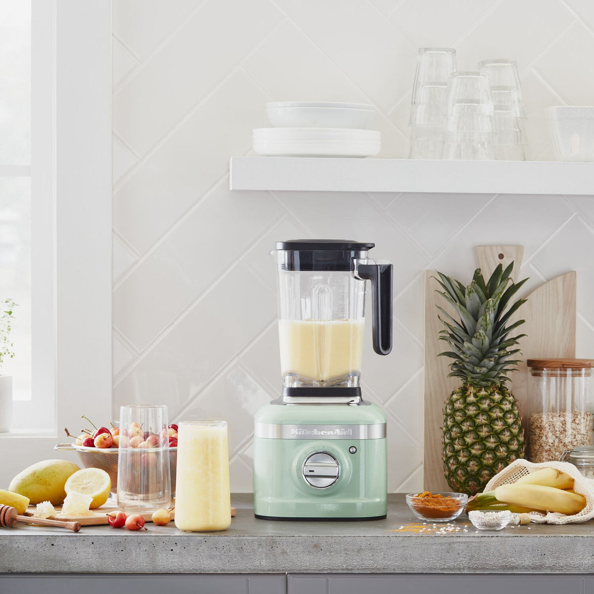 KitchenAid K400 countertop blender with clear jar and pistachio base