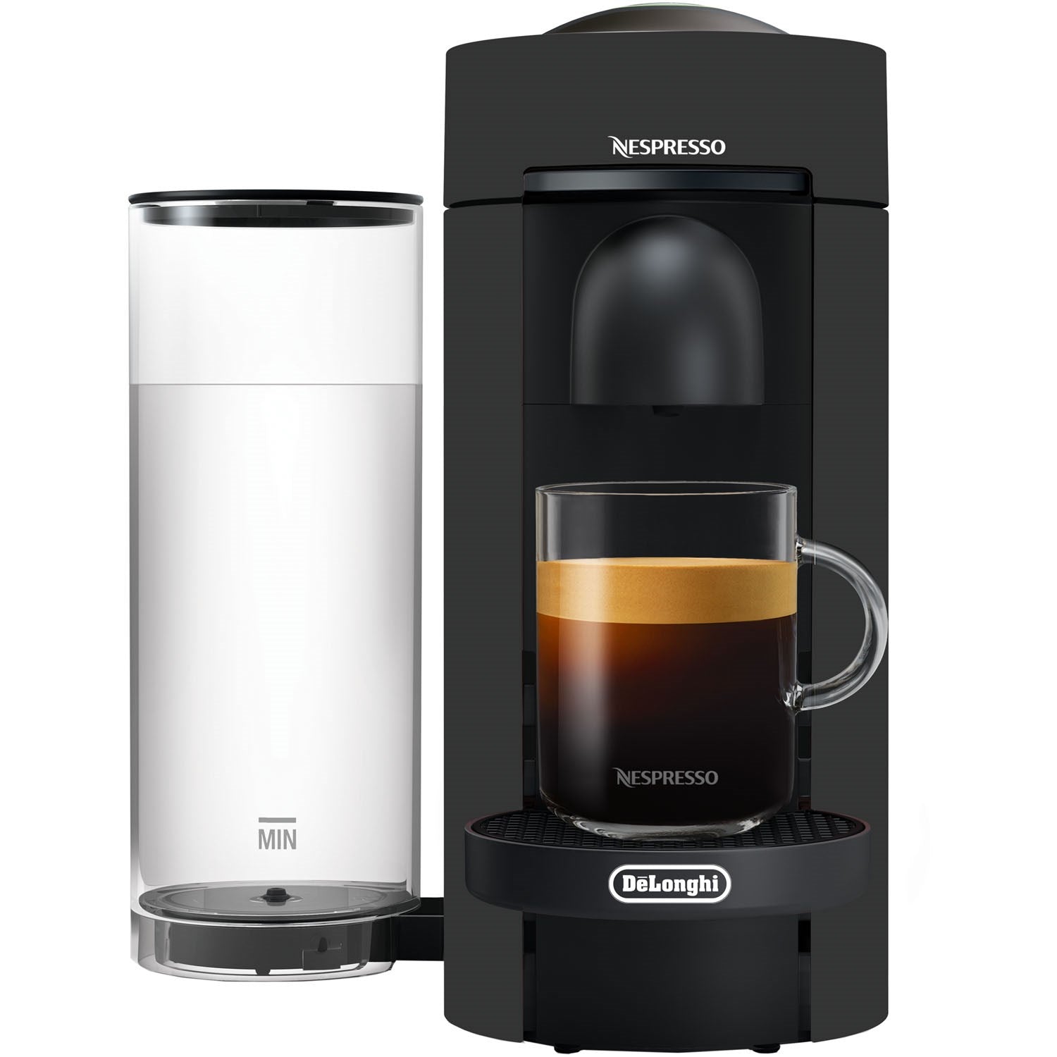 Black De'Longhi Nespresso Vertuo Plus machine with open side water tank