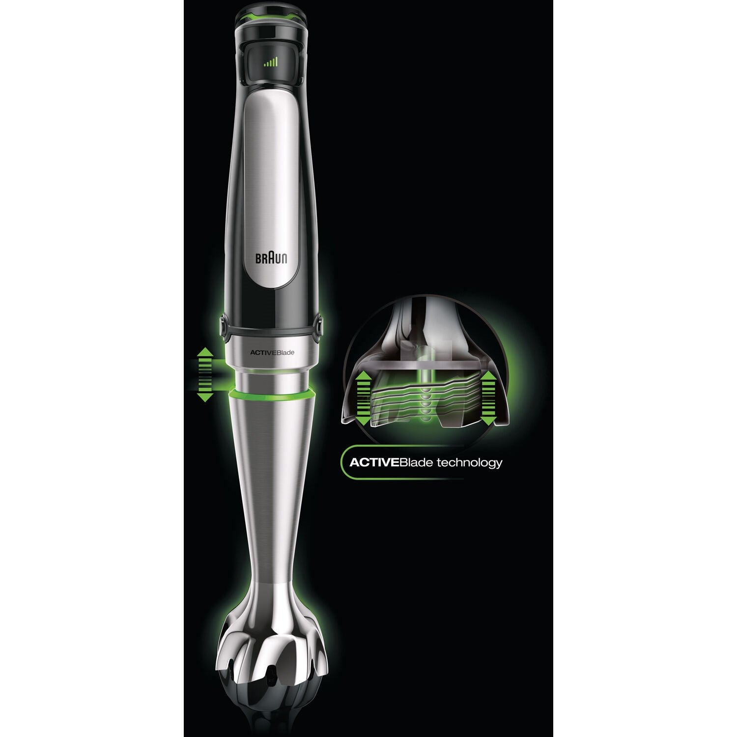 Braun stainless steel hand blender with whisk attachment and active blade head