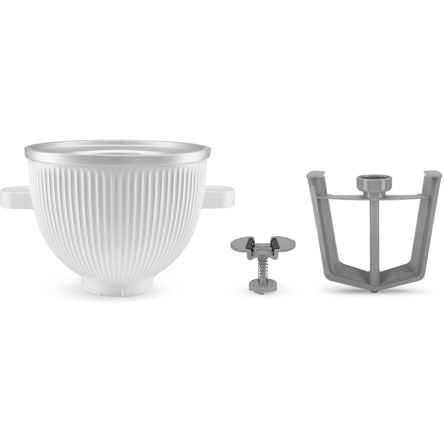 White ice cream maker attachment bowl plus dasher and frame accessory parts