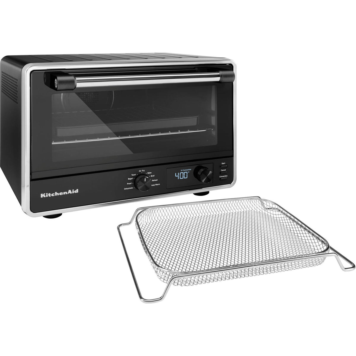 KitchenAid black countertop oven with glass door and included wire air-fry rack