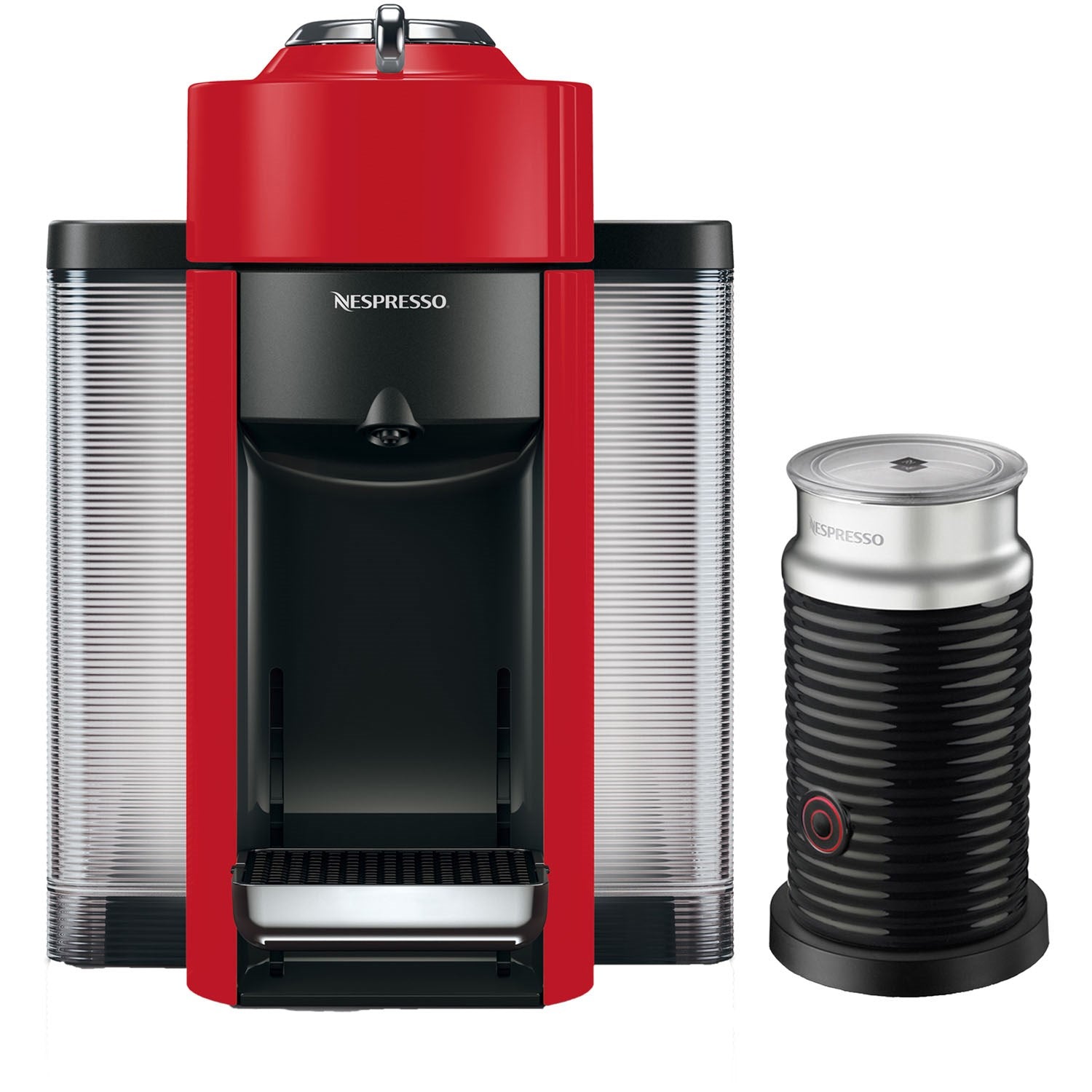 Front view of red Nespresso Vertuo machine with Aeroccino frother cup