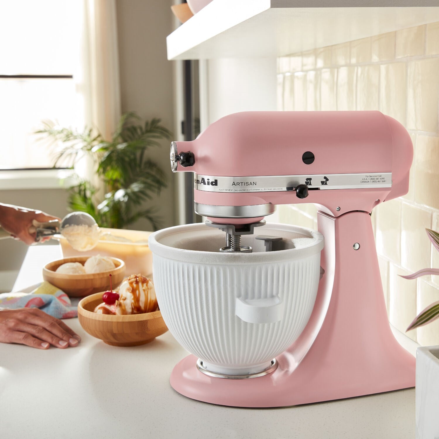 Matte dried rose tilt-head stand mixer with stainless bowl and white mixing bowl insert
