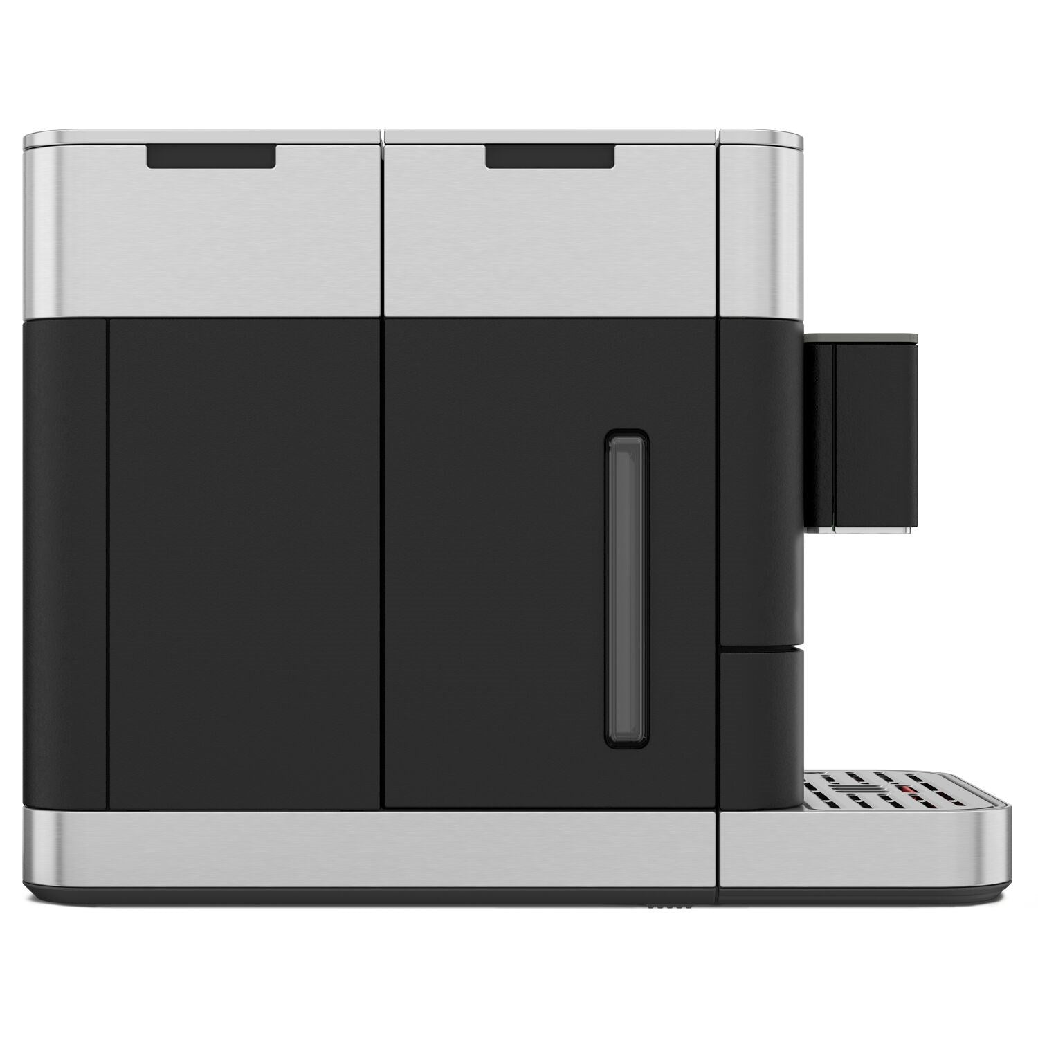 Black and silver espresso machine back/side view with milk spout and drip tray