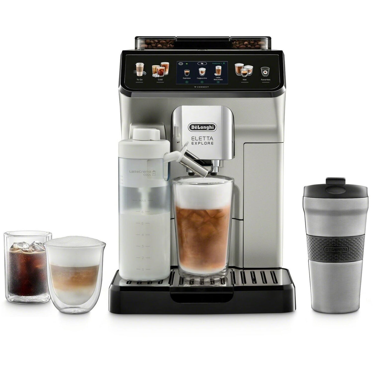 Fully automatic espresso machine with milk pitcher, glasses, and a travel cup