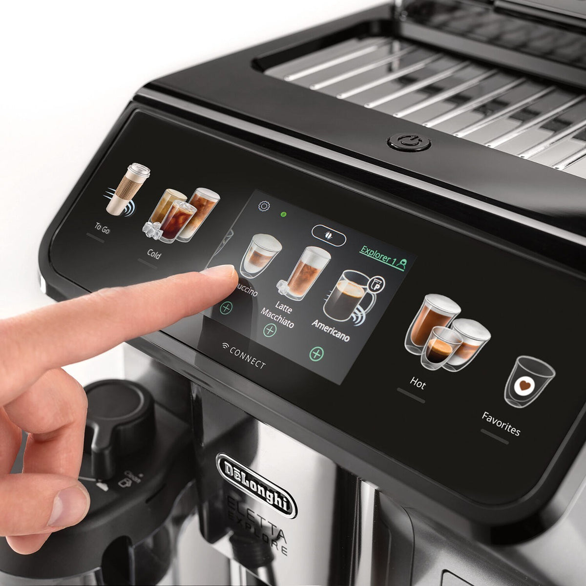 Fully automatic espresso machine control panel with hand selecting a hot drink