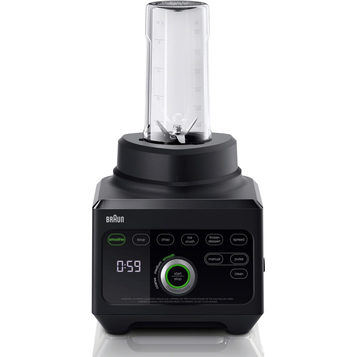 Braun power blender base with clear jar and black control panel, shown from front