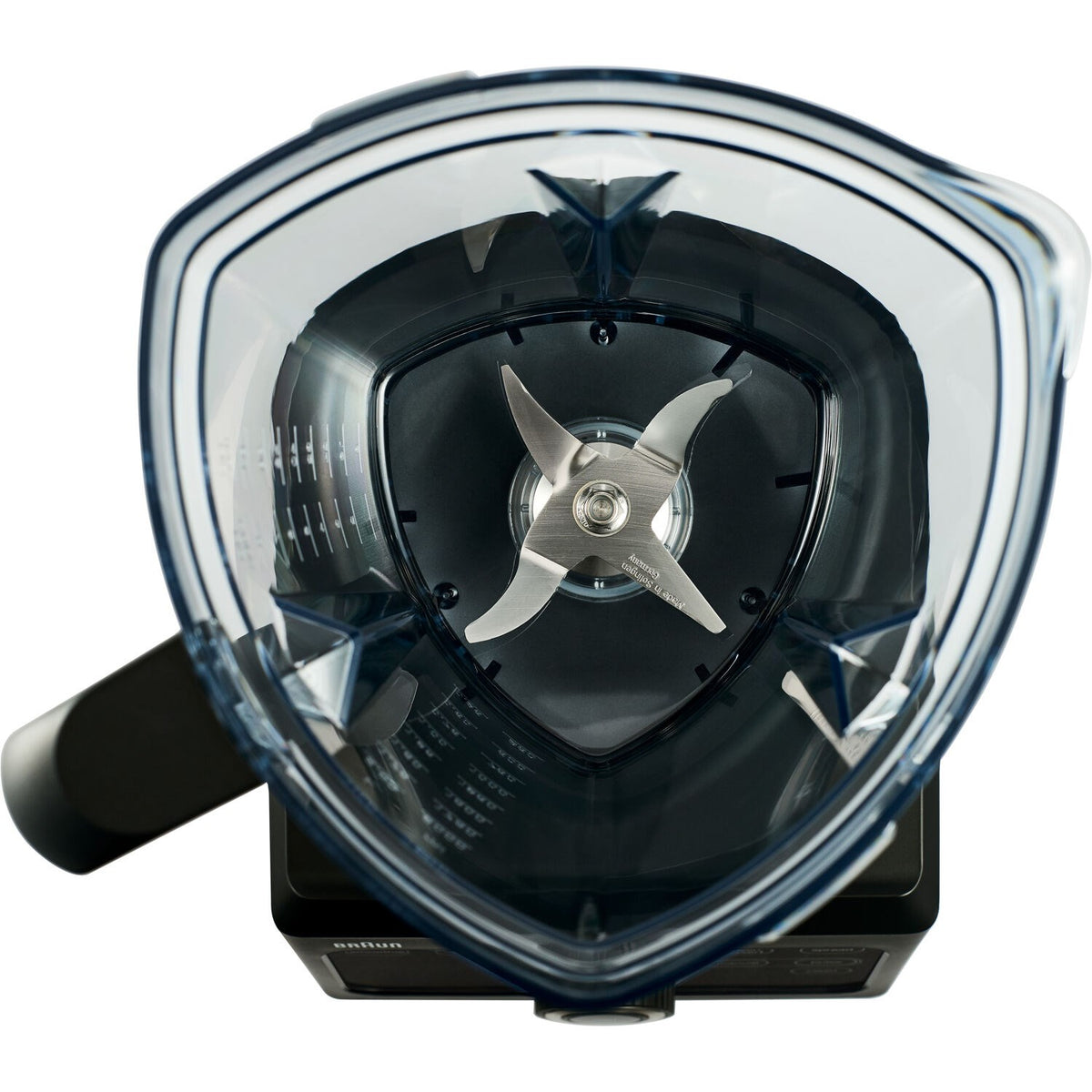 Clear blender jar with visible metal four-blade rotor and black base