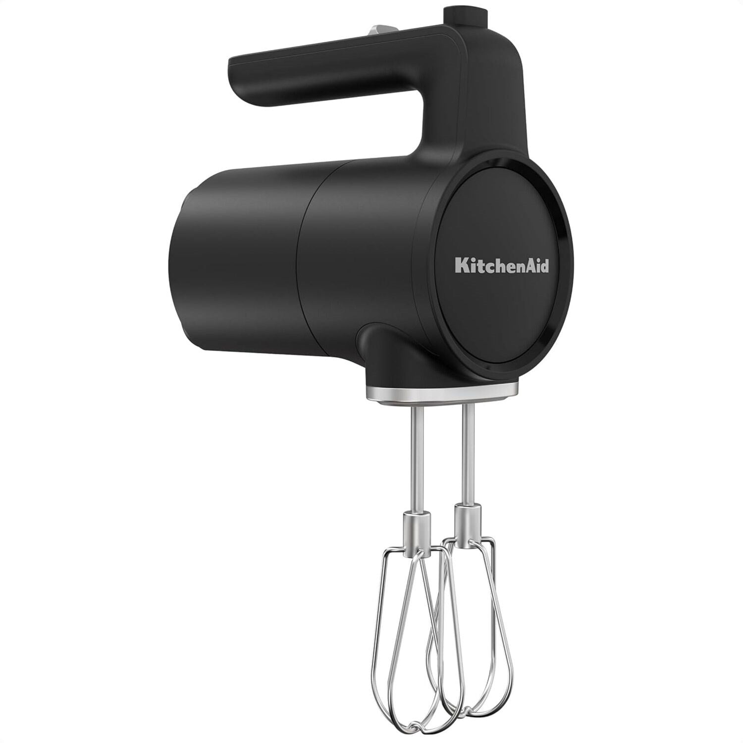 KitchenAid cordless hand mixer in black matte with twin beaters, side view
