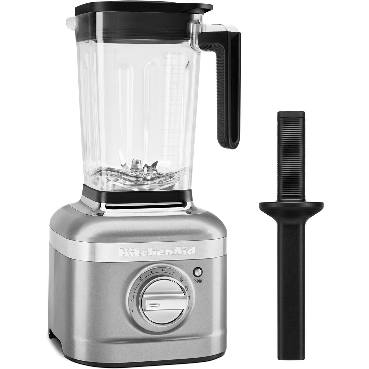 KitchenAid blender with clear jar and black lid plus blending tool, contour silver base