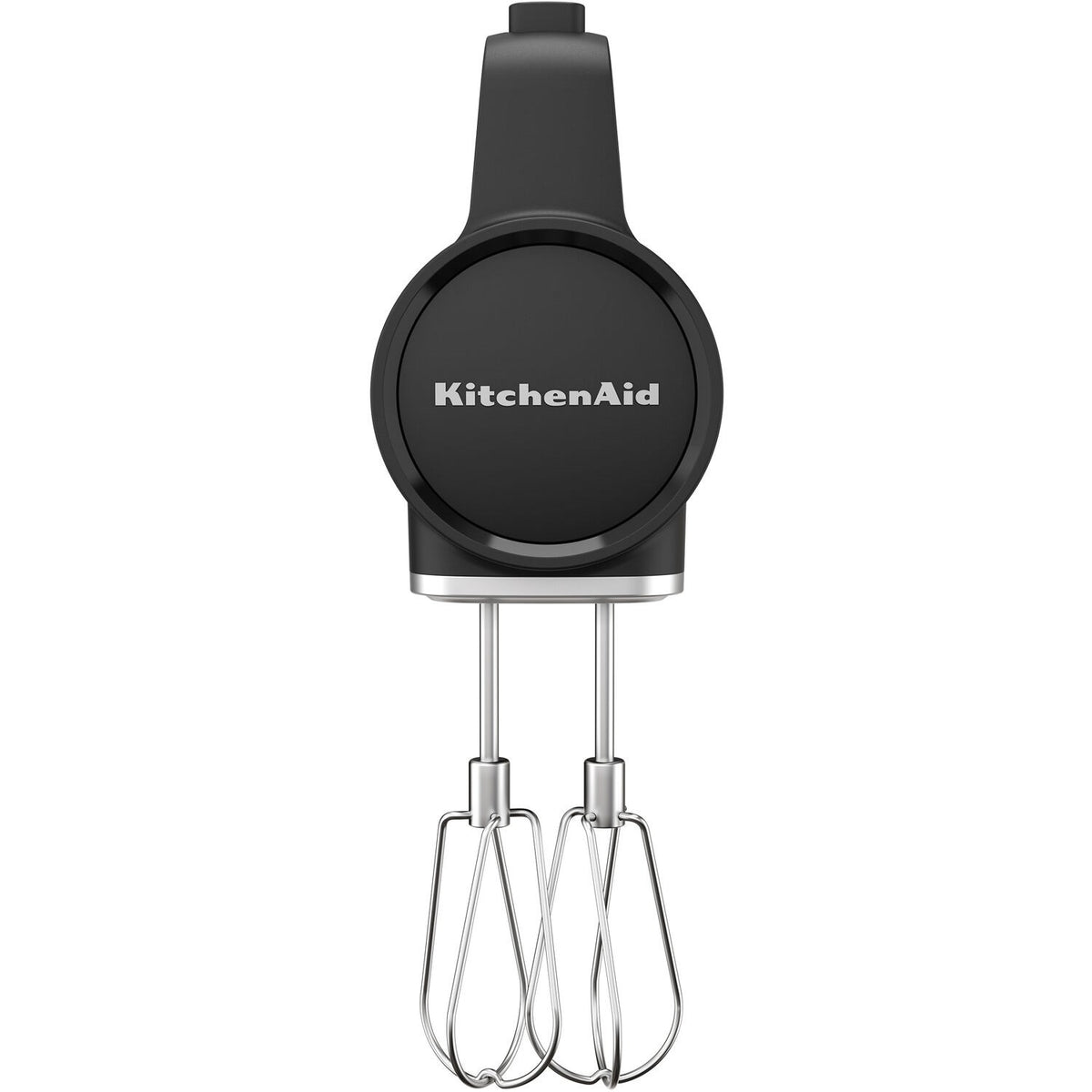 Black matte cordless hand mixer with two chrome beaters and KitchenAid logo