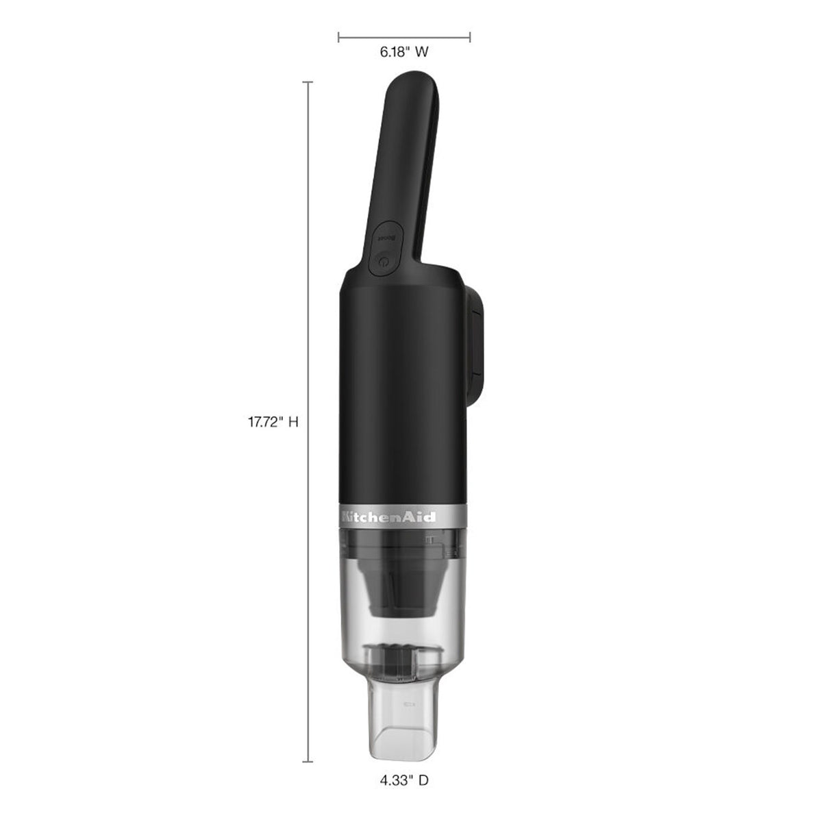 Black cordless kitchen vacuum with clear dust bin, compact handheld design
