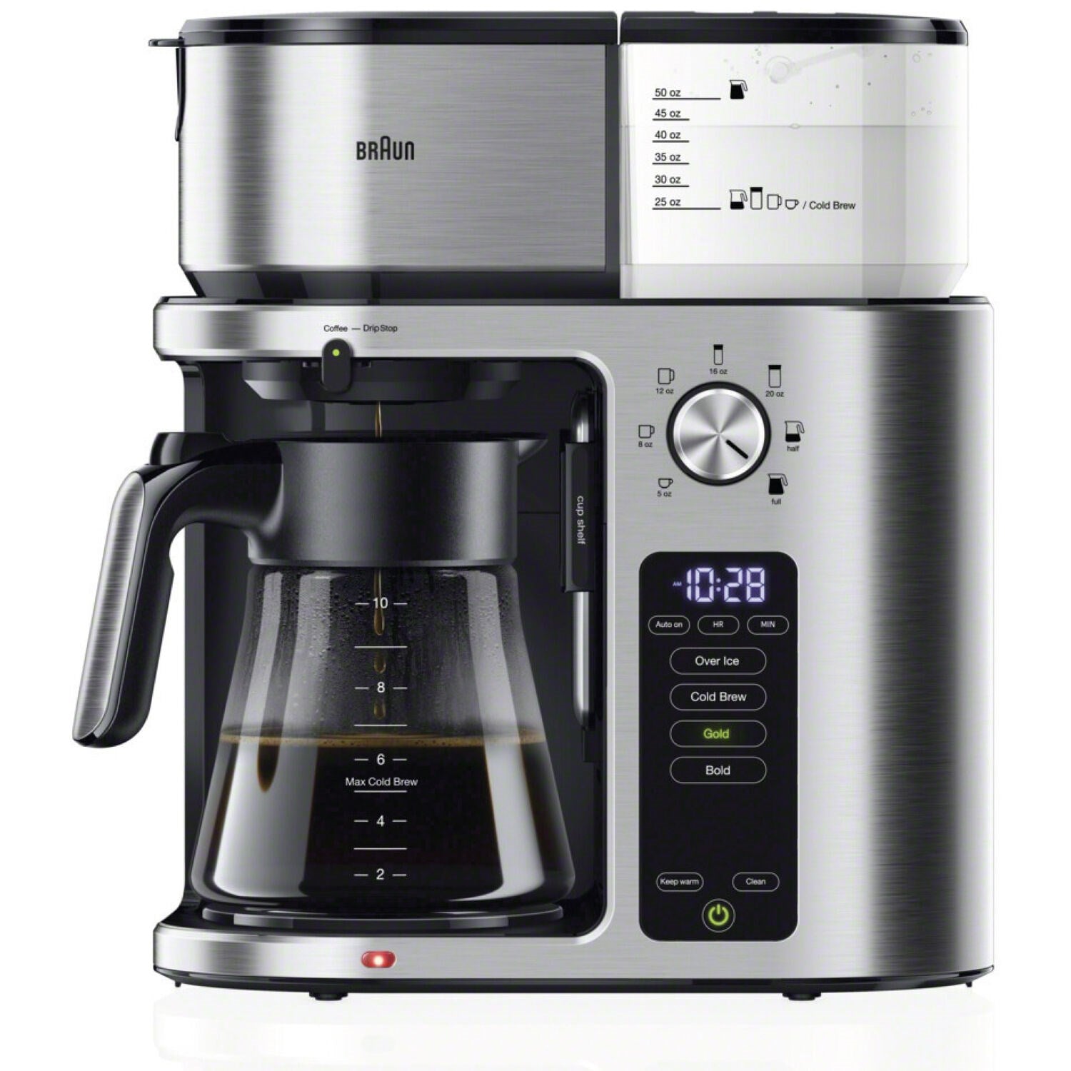 Stainless steel 10-cup coffee maker with glass carafe and control dial