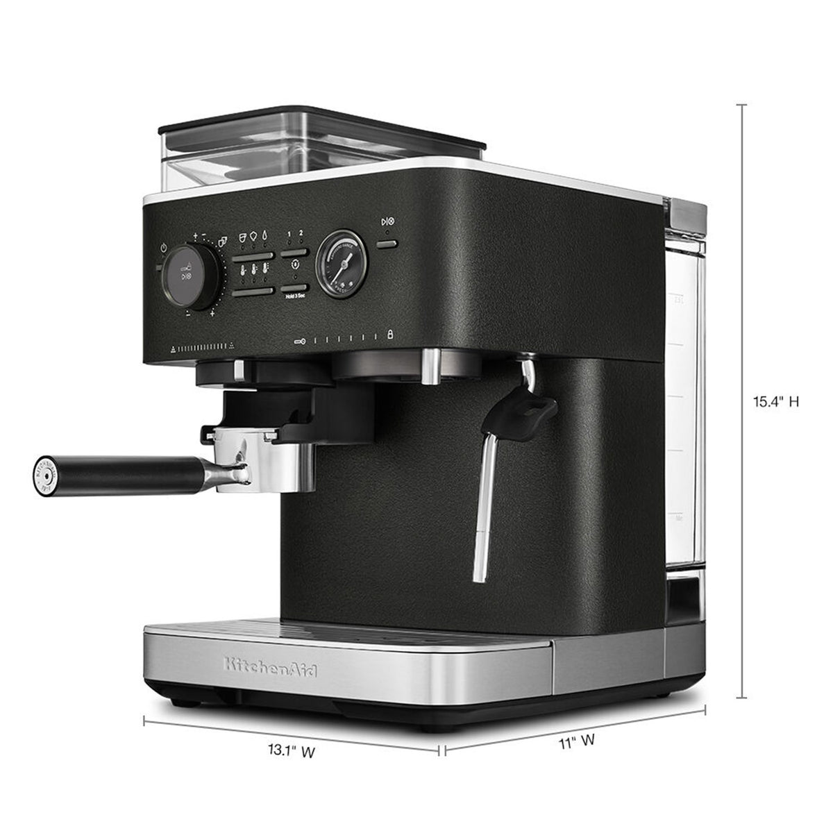 Black espresso machine with grinder hopper and stainless drip tray base, side view